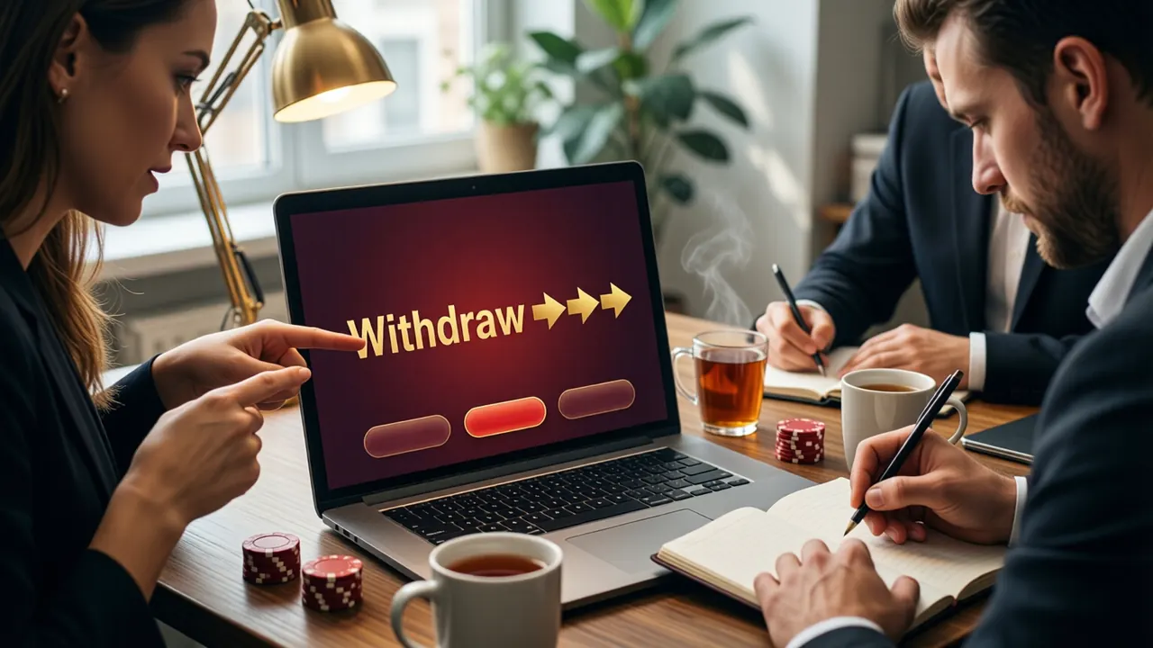 A woman and a man at a desk in a small bright office, she points at a laptop whose screen shows one large word 'Withdraw' at the end of three plain gold arrows joined in a row with nothing written on them, he writes in a notebook, two mugs of tea between them, soft daylight