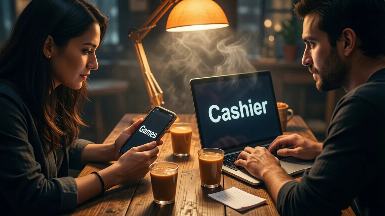 Two writers working side by side at one wooden desk under a warm lamp, a woman on the left holding a phone whose screen reads one large word 'Games', a man on the right at a laptop whose screen reads one large word 'Cashier', cups of chai between them