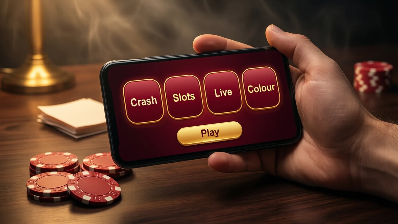 A phone held in one hand over a dark walnut table, the screen shows four large rounded tiles labelled 'Crash', 'Slots', 'Live' and 'Colour' and one wide gold button labelled 'Play' beneath them, a few red casino chips with plain unmarked faces lying beside the phone