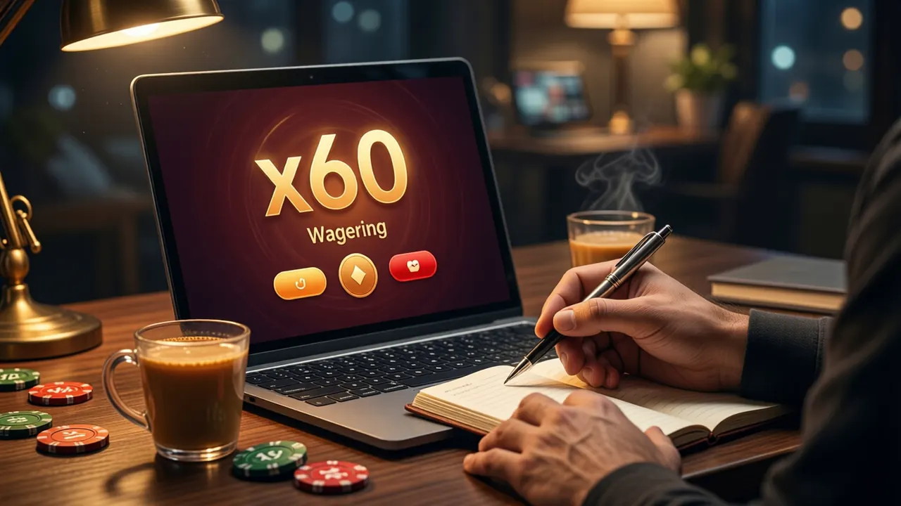 A man at a desk at night working through numbers, his laptop screen shows one large figure 'x60' with the single word 'Wagering' beneath it, his hand holding a steel pen over an open notebook, a cup of chai beside the laptop
