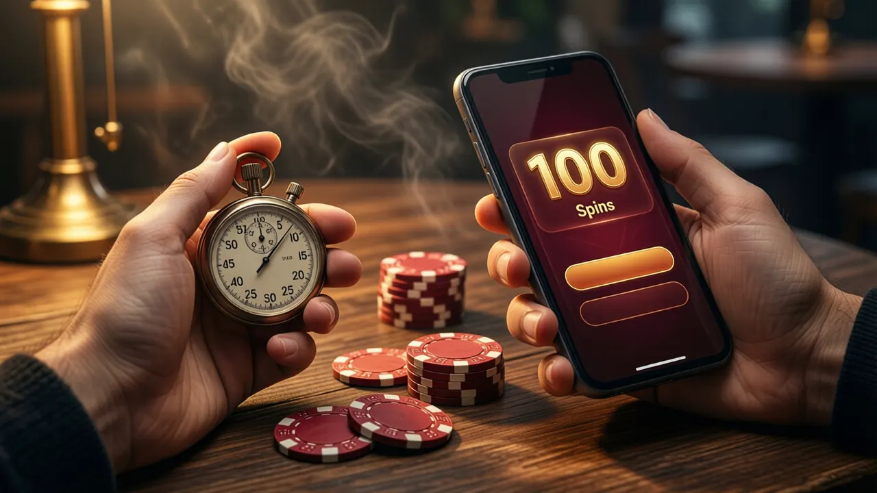 A woman at a cafe table timing a game, a brass stopwatch in one hand and a phone in the other, the phone screen shows one large number '100' with the single word 'Spins' beneath it, a few red casino chips with plain unmarked faces on the table, warm side light