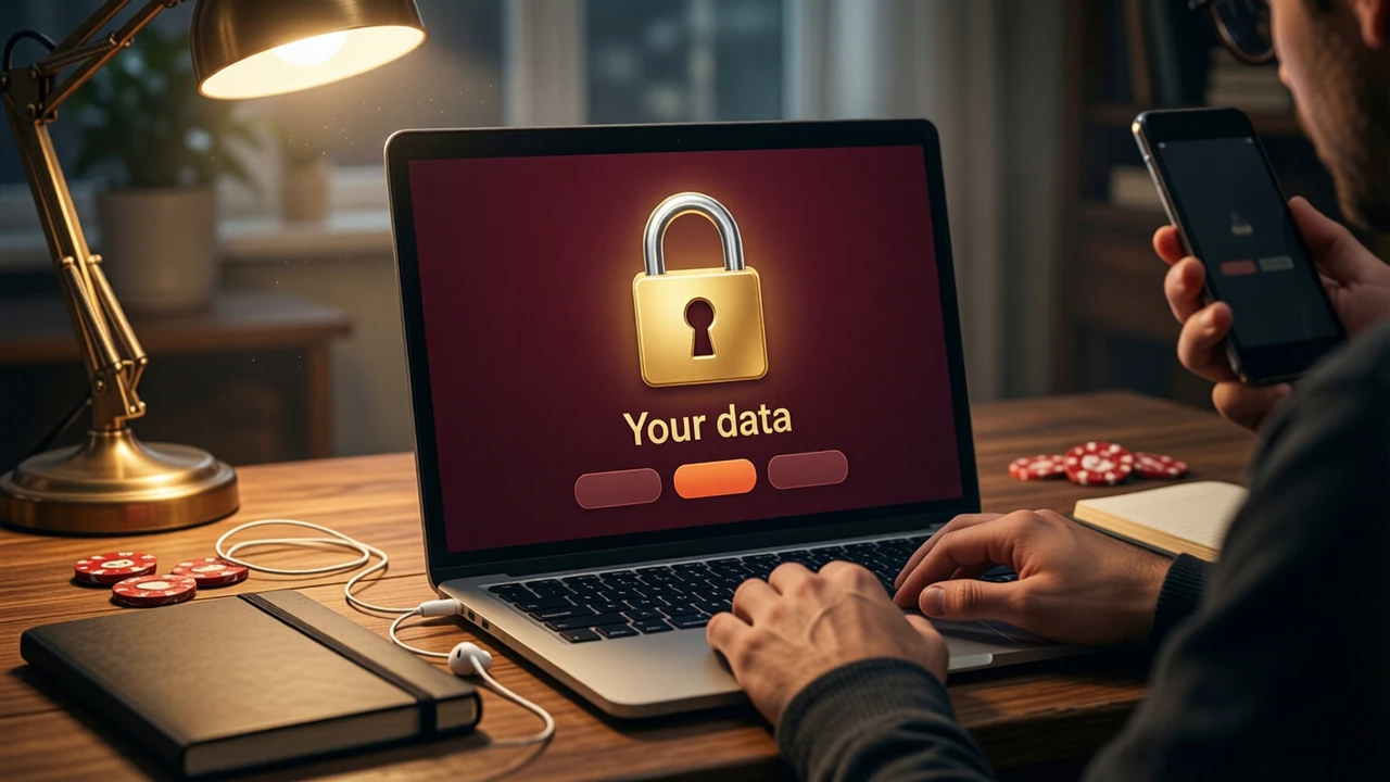 A laptop open on a quiet desk under a warm lamp, its screen shows one large closed padlock symbol in gold and the two words 'Your data' beneath it on a plain wine-red background, a closed notebook beside the laptop