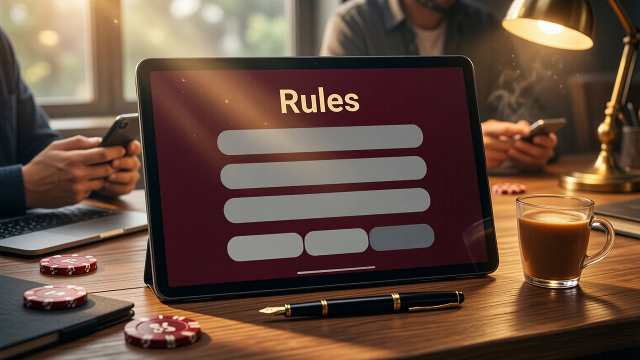 A tablet standing on a wooden desk, its screen shows one large heading 'Rules' at the top and three plain grey bars beneath it, on a plain wine-red background, a fountain pen lying in front of it, warm late-afternoon light